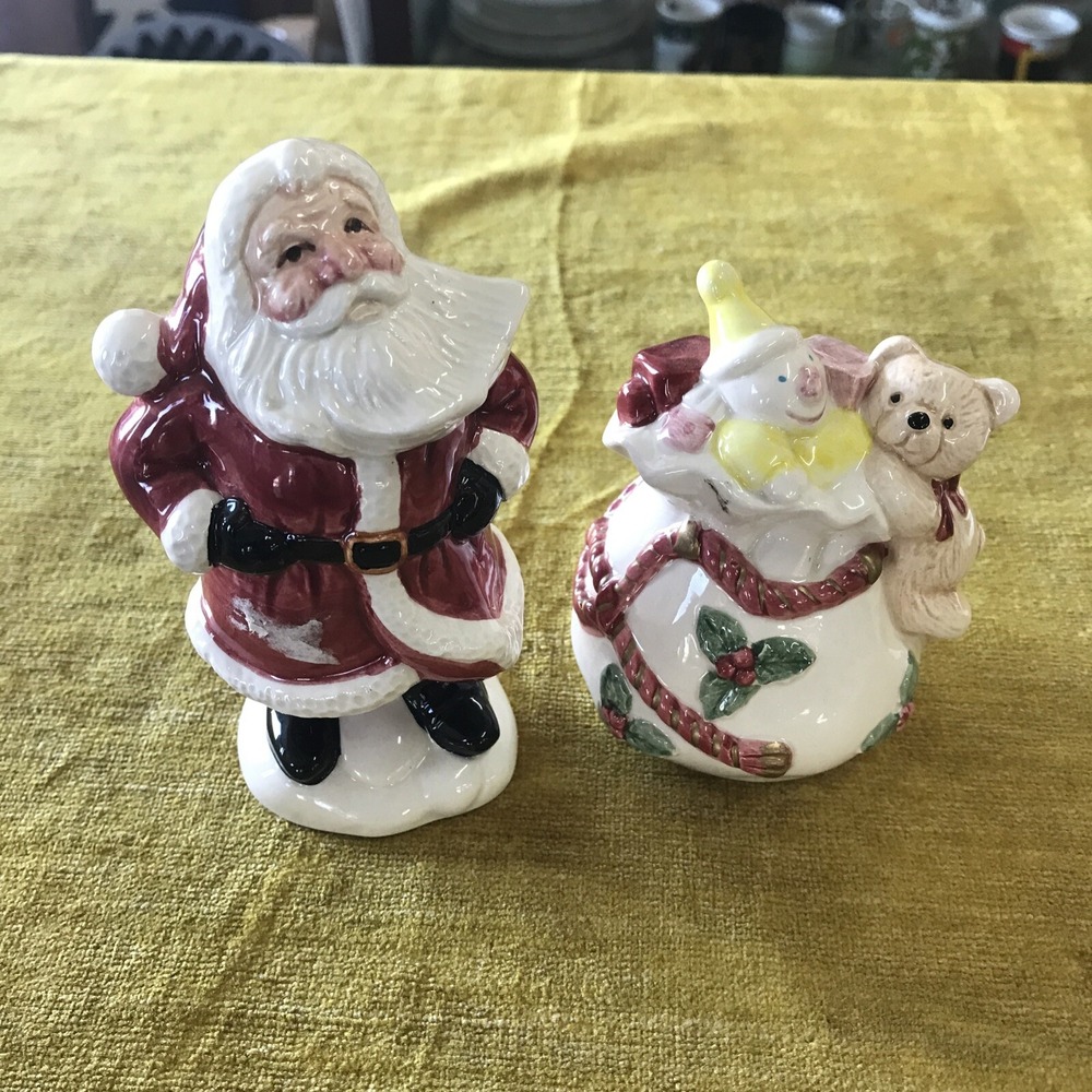 Fitz and Floyd Christmas Salt & Pepper Shakers 1992 Santa Toy Sack Table Wear
